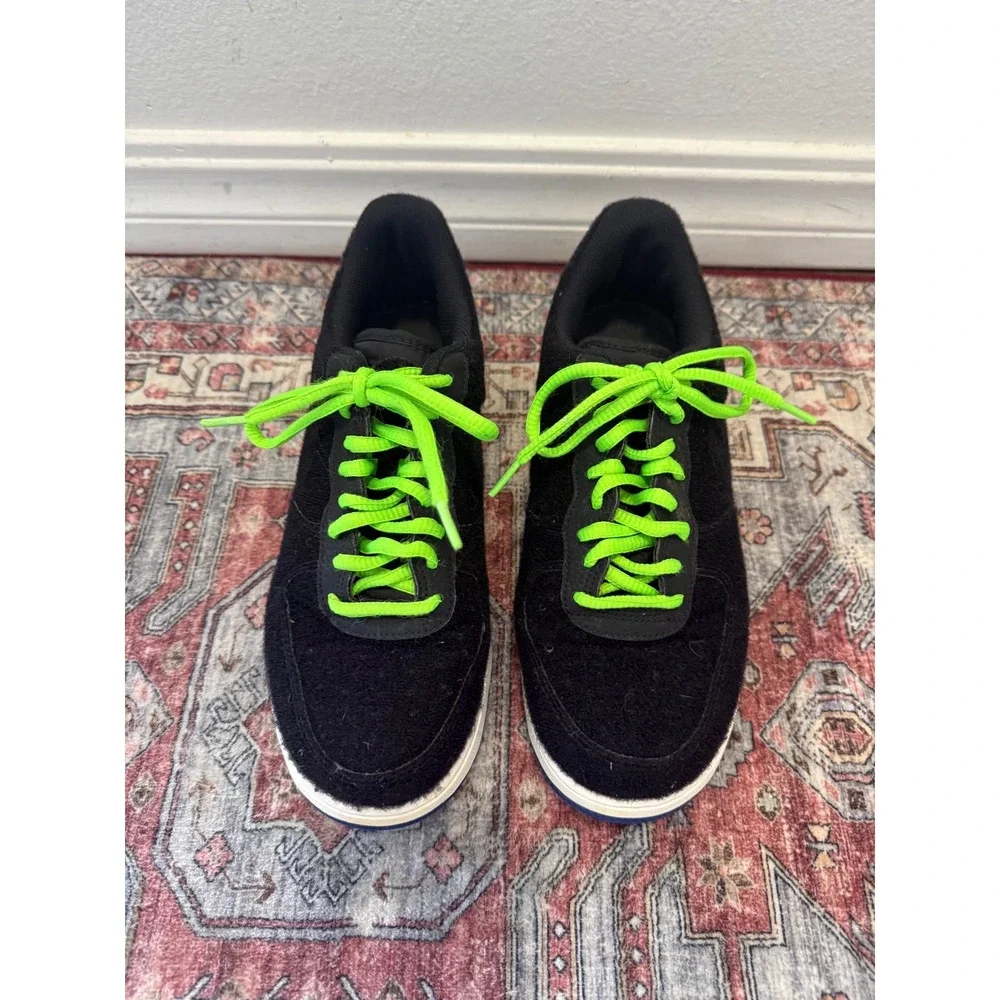 Nike Air Force 1 Low Black Fuzzy‎ Neon Green Laces Sneakers Shoes Men's 7.5